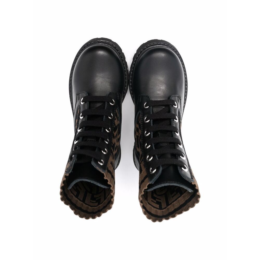 Fendi Teen Ff Motif Lace-up Boots In Black