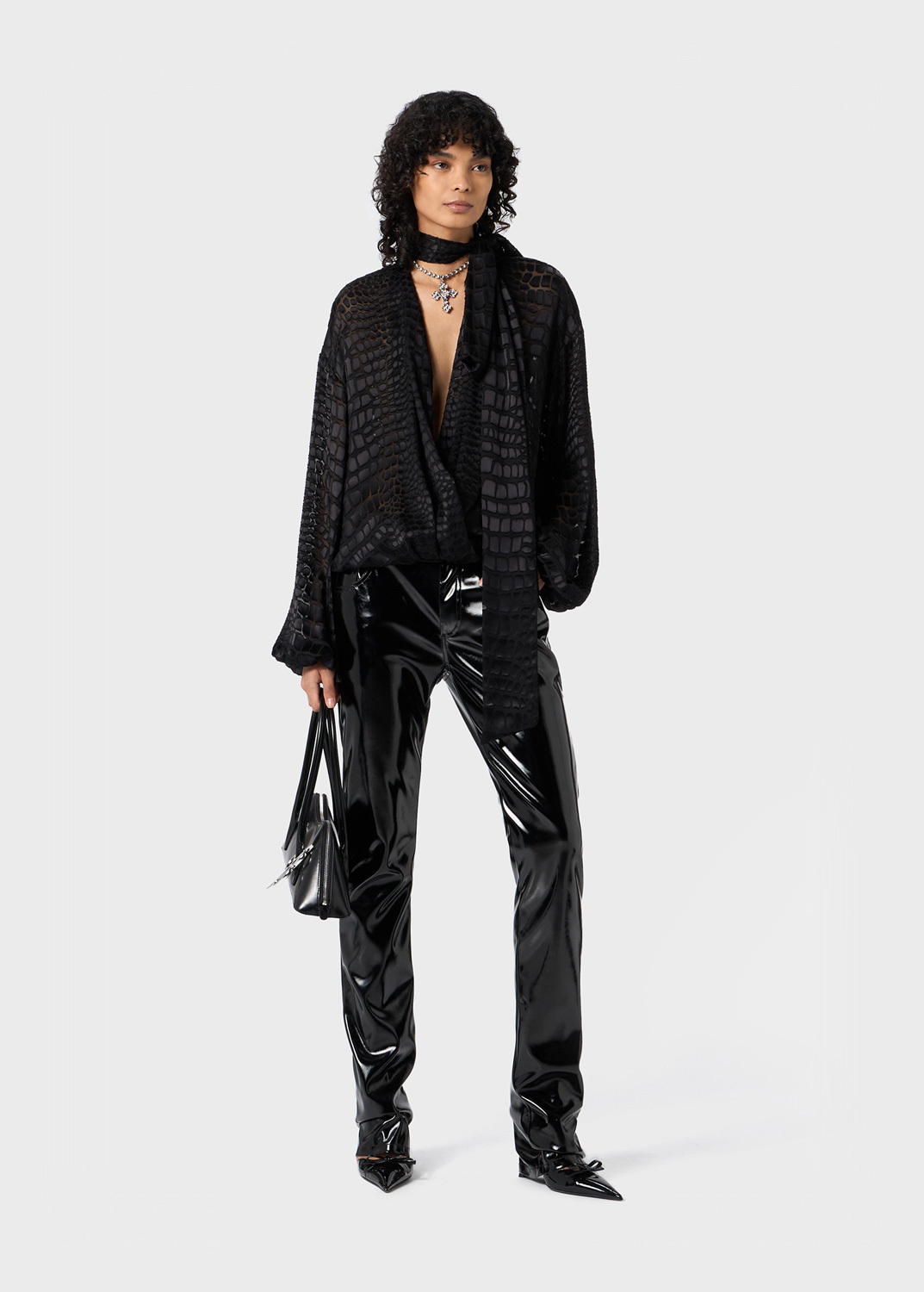 Blumarine Devore Cross-scarf Shirt In Black