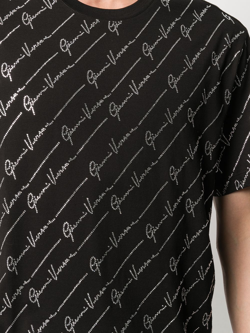 Versace Crystal Decorated Logo Inlaid T-shirt In Black