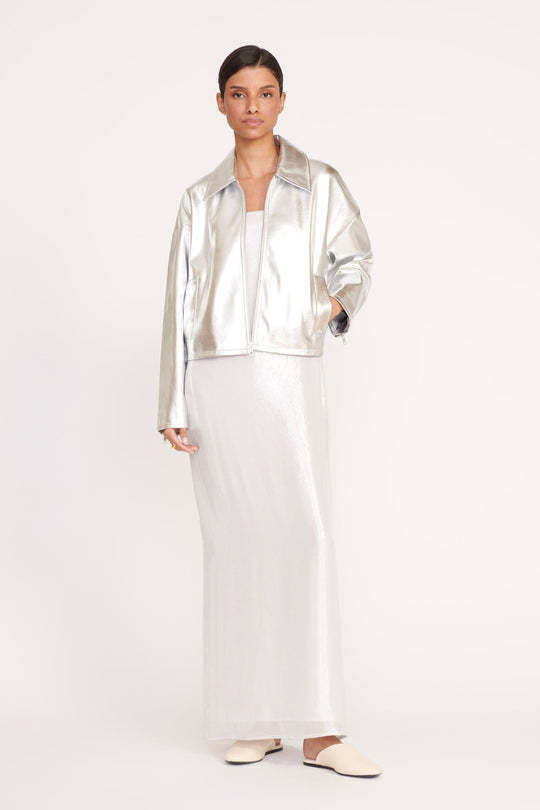 Staud Lennox Metallic Zip Jacket In White