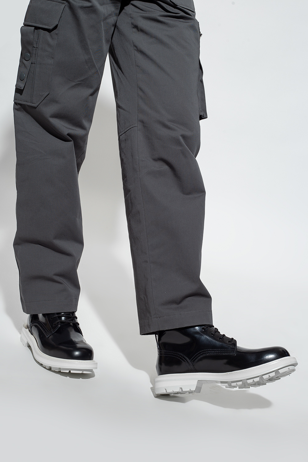 Alexander Mcqueen Patent-leather Lace-up Boots In Black