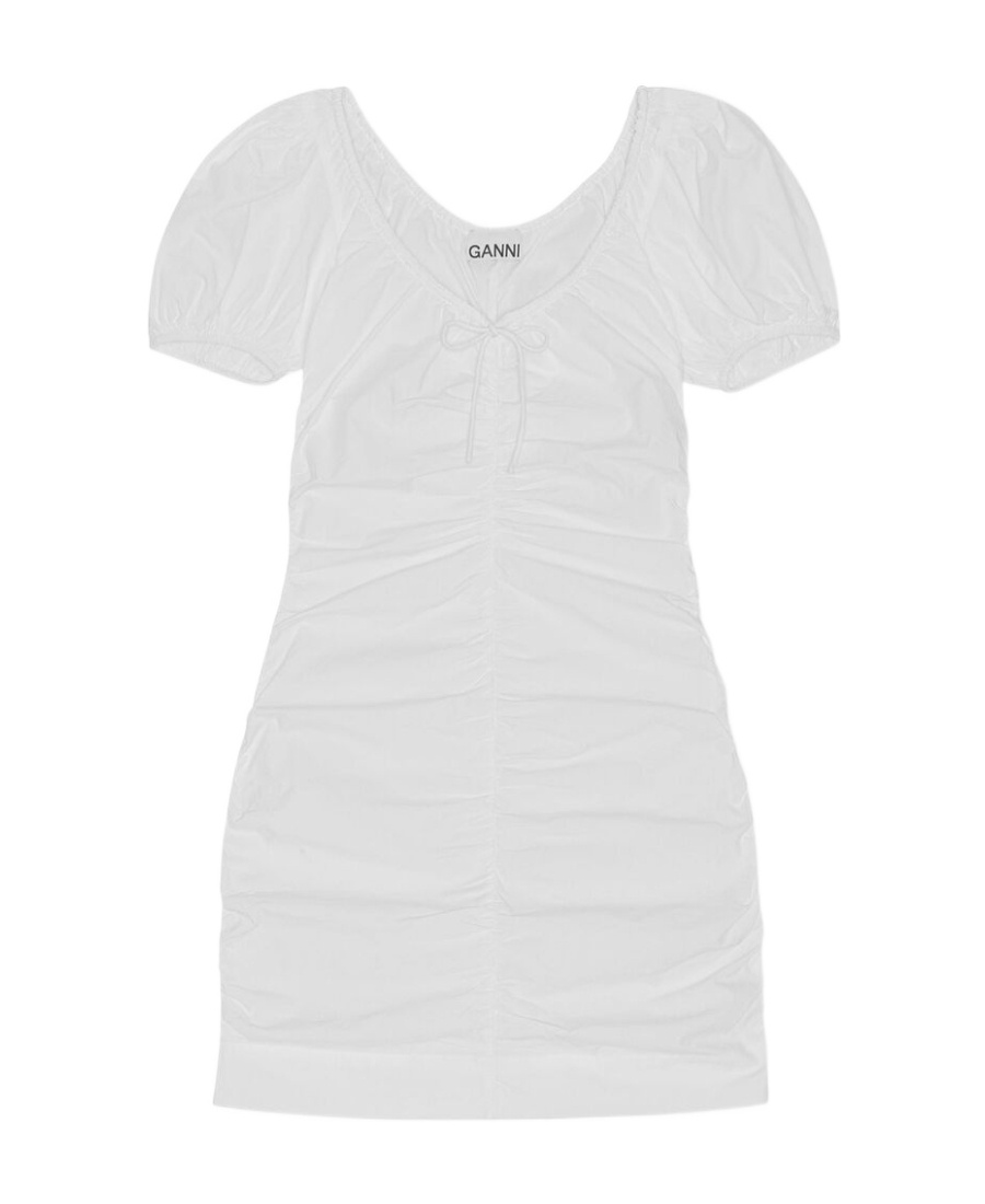 Ganni Ruched Puff-sleeve Minidress In White