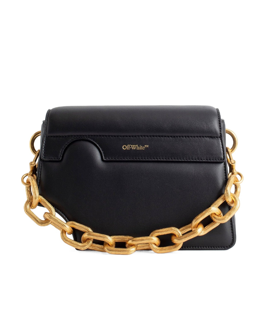 Off-white Leather Crossbody Bag With Cut-out Details And Golden Chain In Black