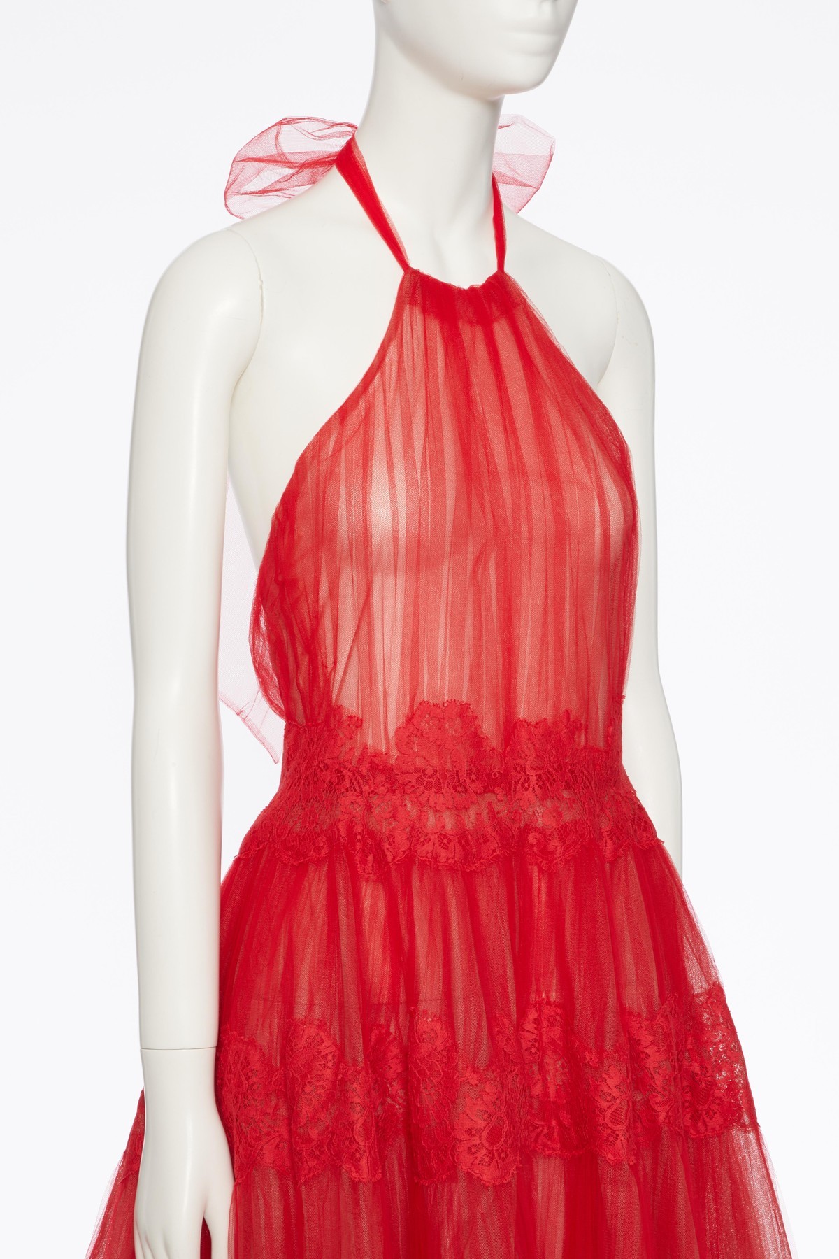 Valentino Sheer Tulle Lace Panel Halter Backless Gown In Rose