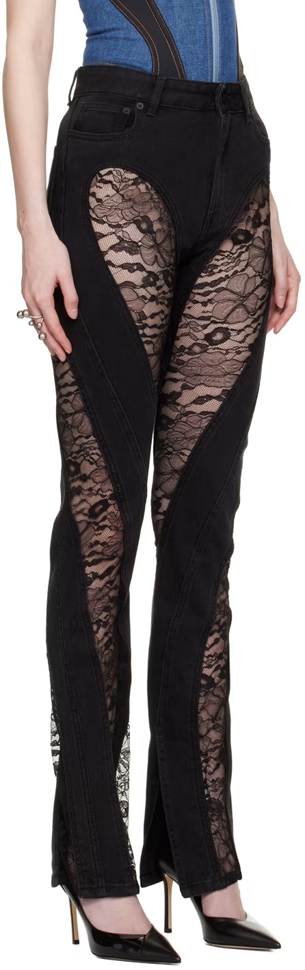 Mugler Floral-lace Panelled Jeans In Black