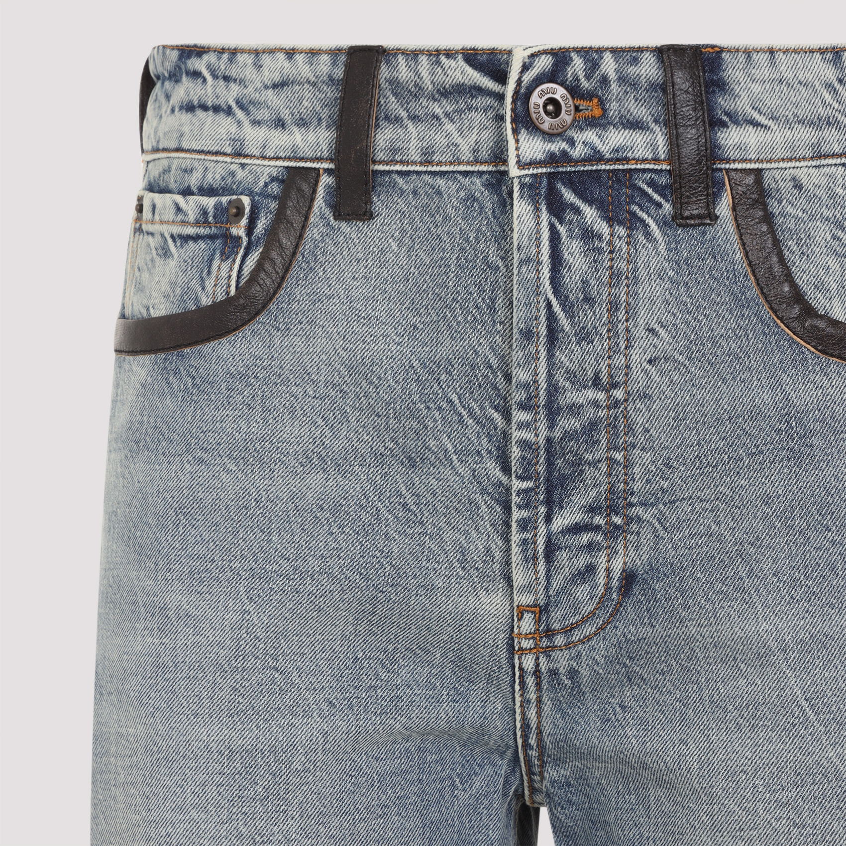 Miu Miu Cotton Denim Jeans Leather Accents In Blue