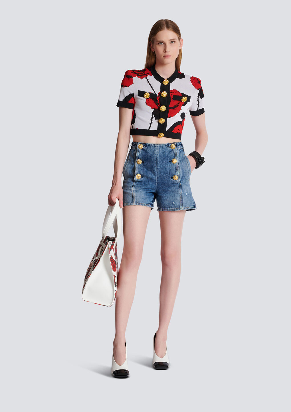 Shop Balmain Red Roses Jacquard Knit Cardigan In Black