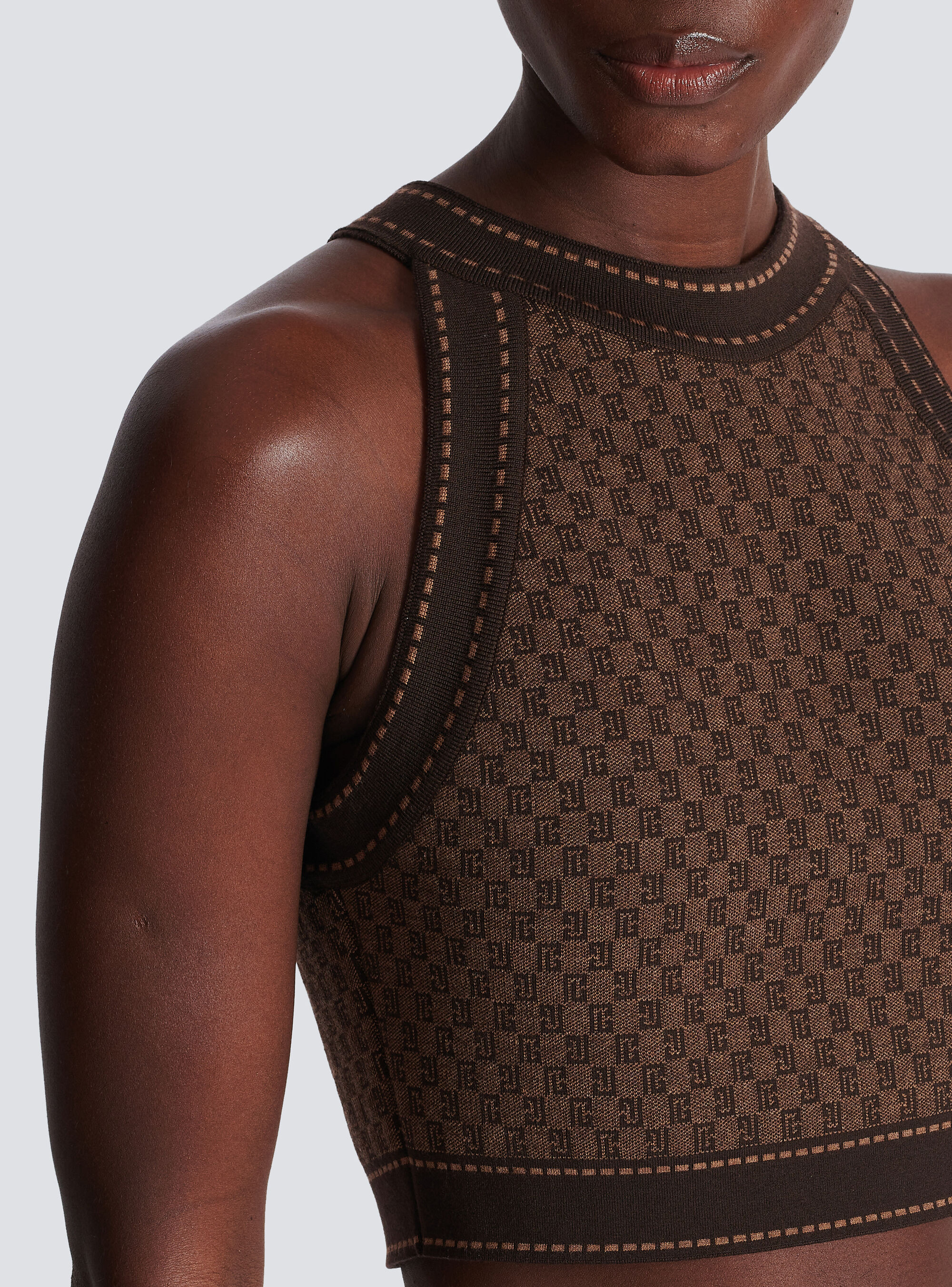 Balmain Mini Monogram Jaquard Crop Top In Brown
