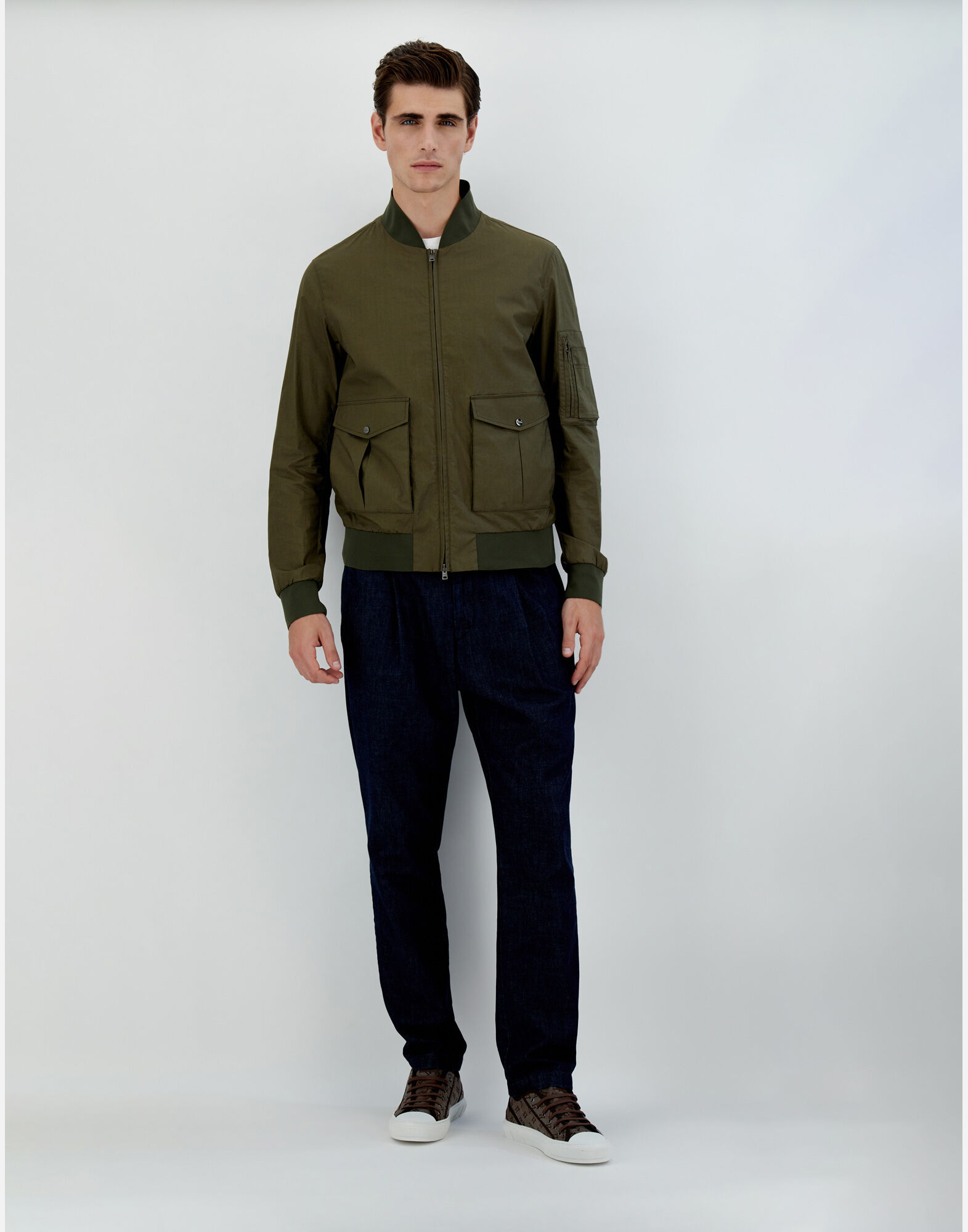Herno Bomber Jacket In Light Cotton Stretch In Brown