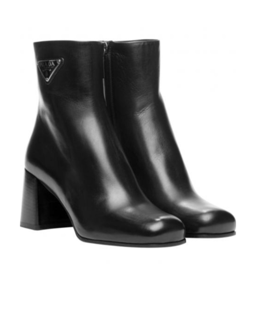 Prada Black Leather Ankle Boots With Logo Triangle Women In Black