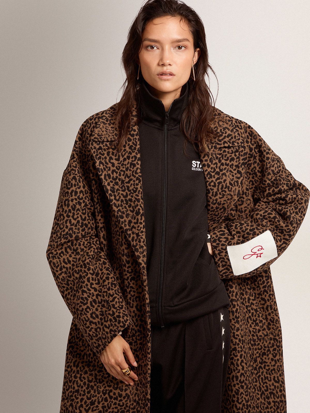 Golden Goose Golden Collection Single-breasted Cocoon Coat In Wool With Jacquard Animal Pattern In Brown