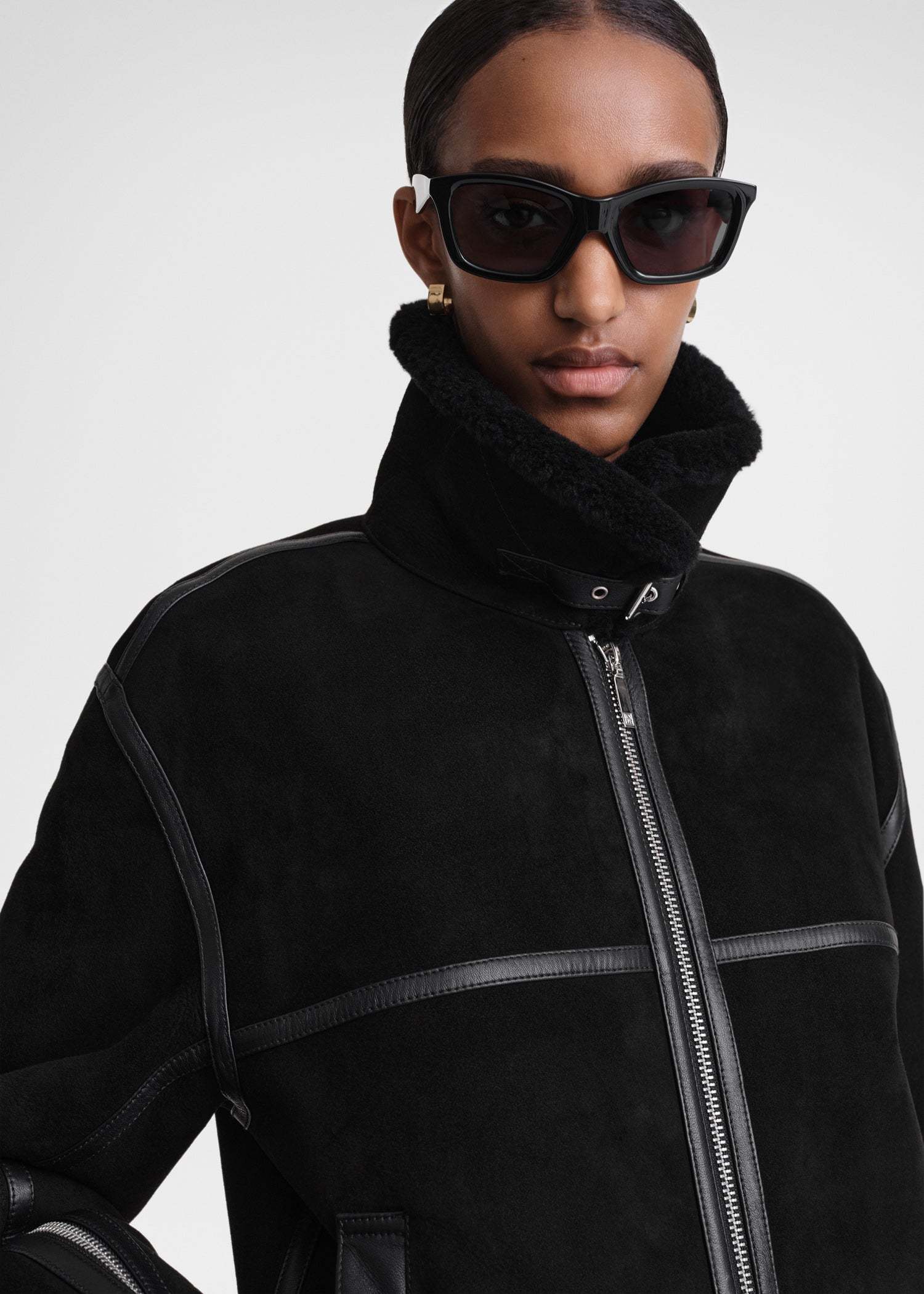 Totême Shearling-trim Zip-up Suede Jacket In Black