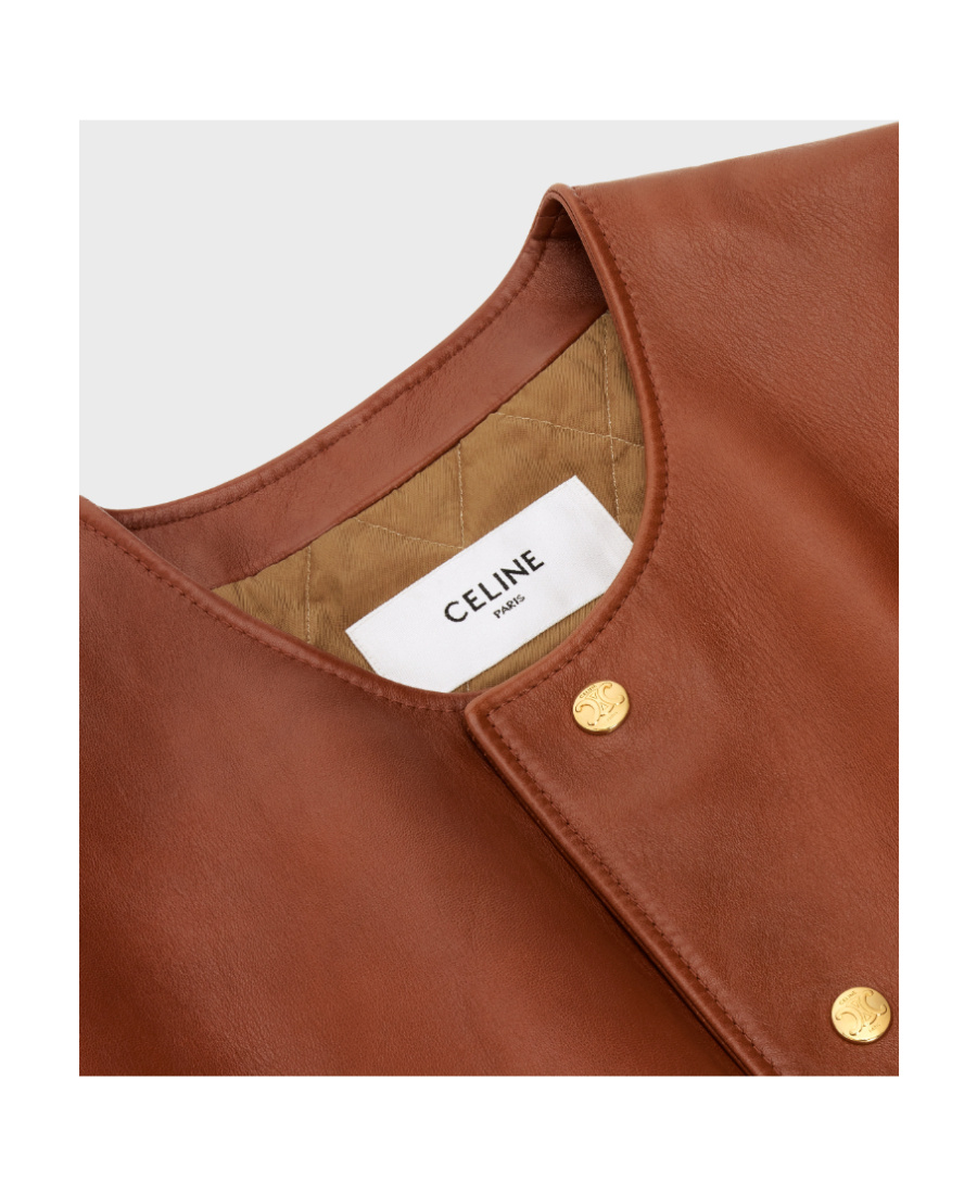 Celine Pleated Belt Leather Jacket In Brown