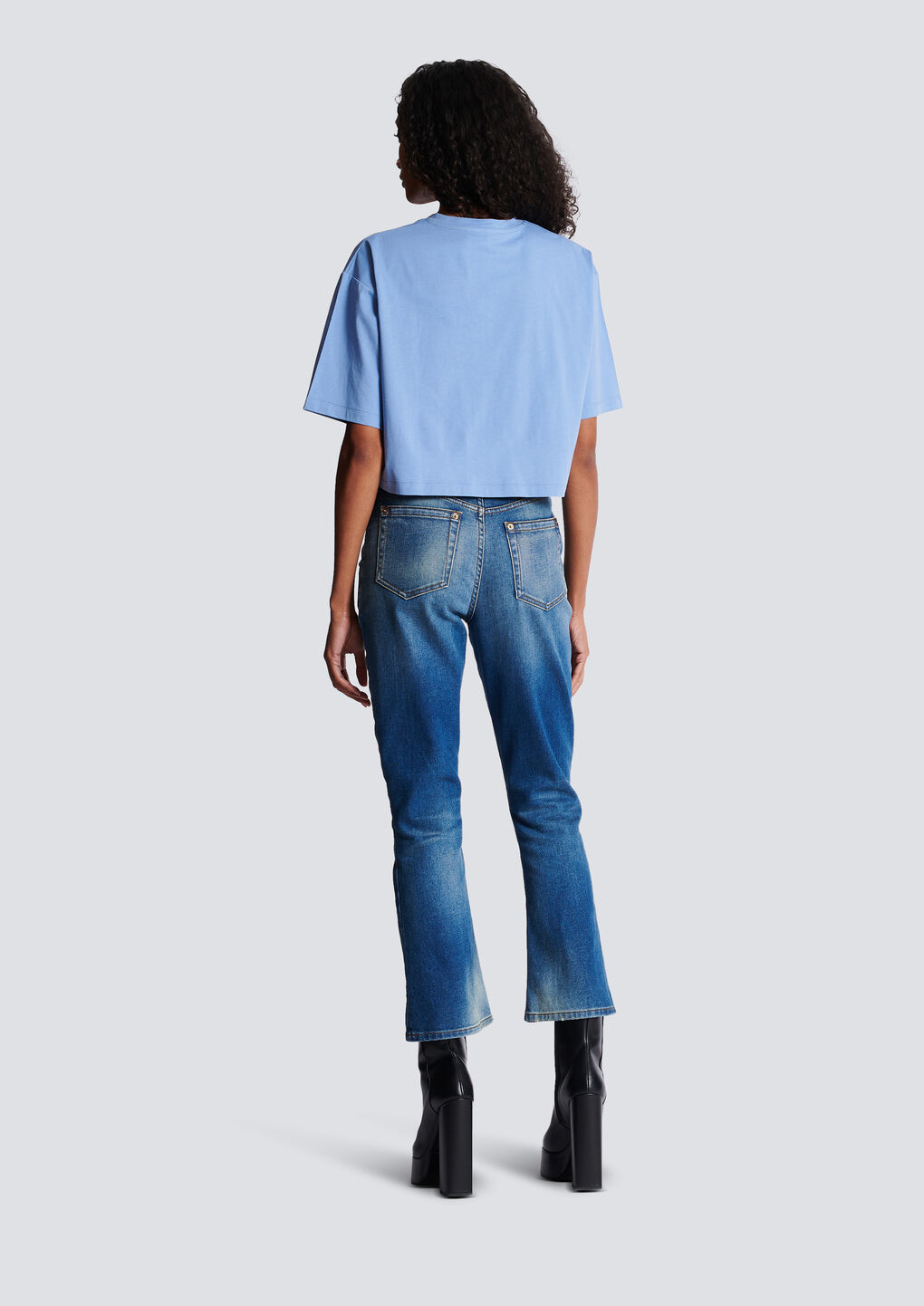 Shop Balmain Cropped Printed Logo T-shirt In Blue