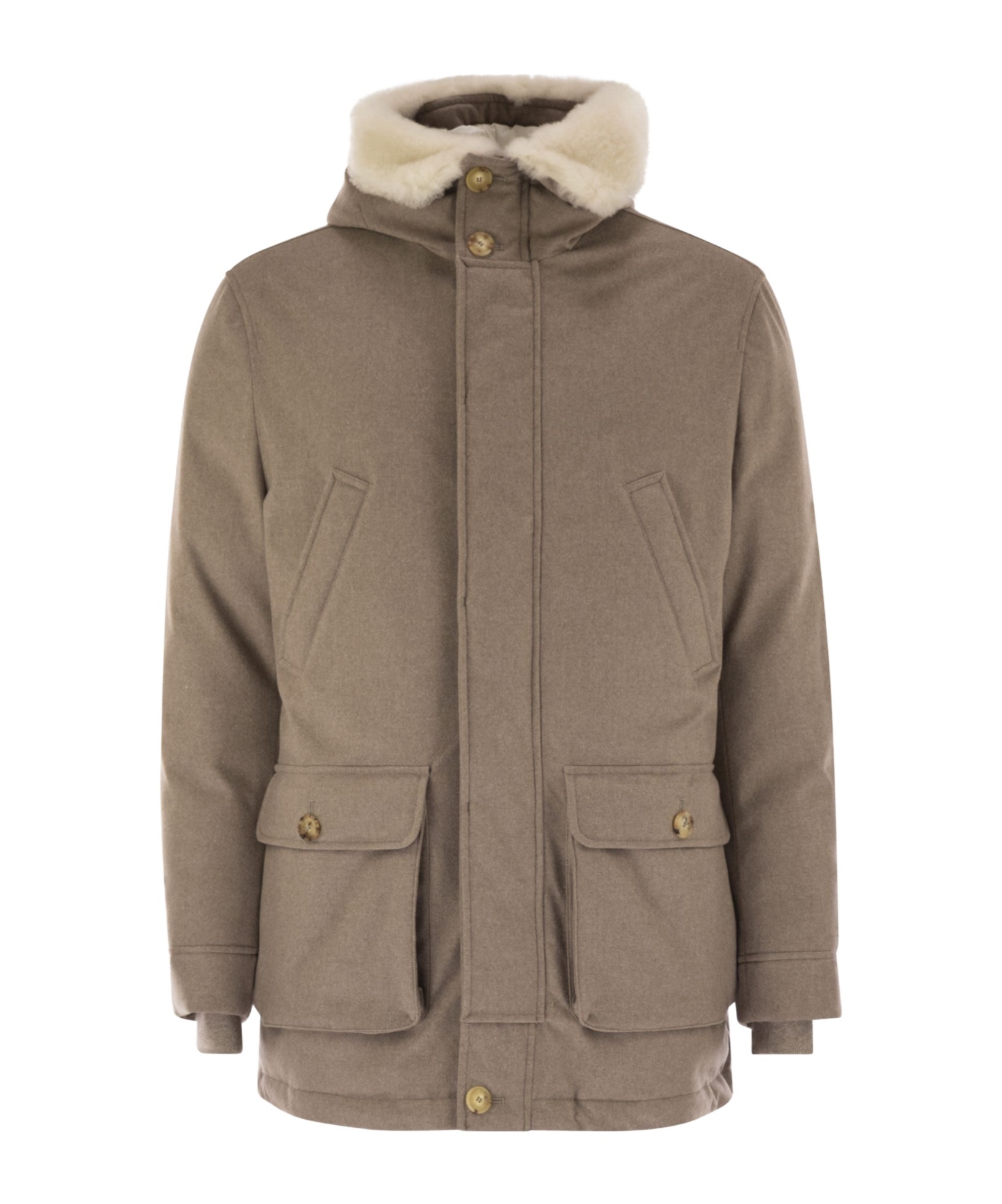 Brunello Cucinelli Men Wool Coat With Fur Collar In Gray