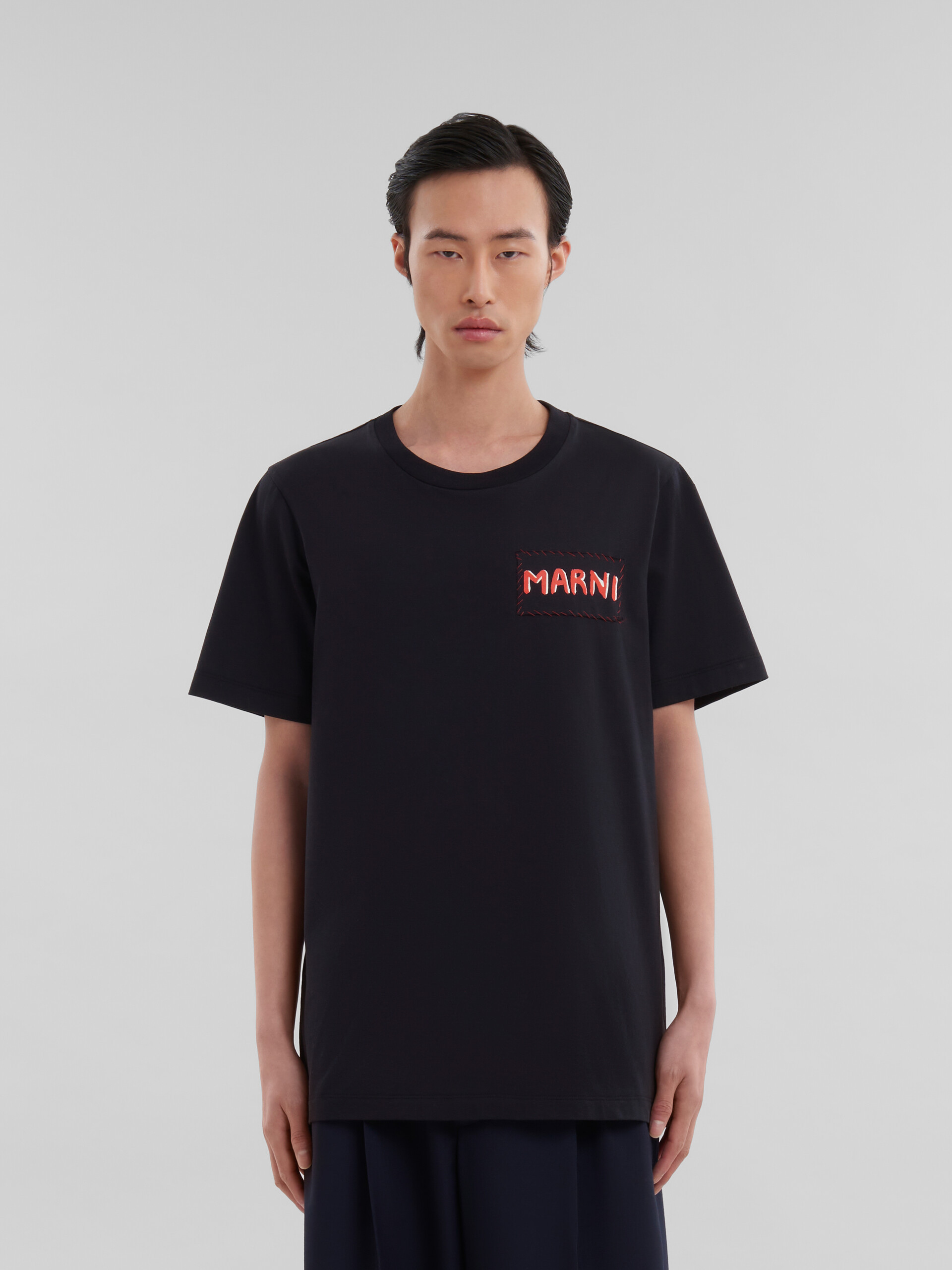 Marni Mens Black Embroidered Logo-patch Crewneck Cotton-jersey T-shirt In Black