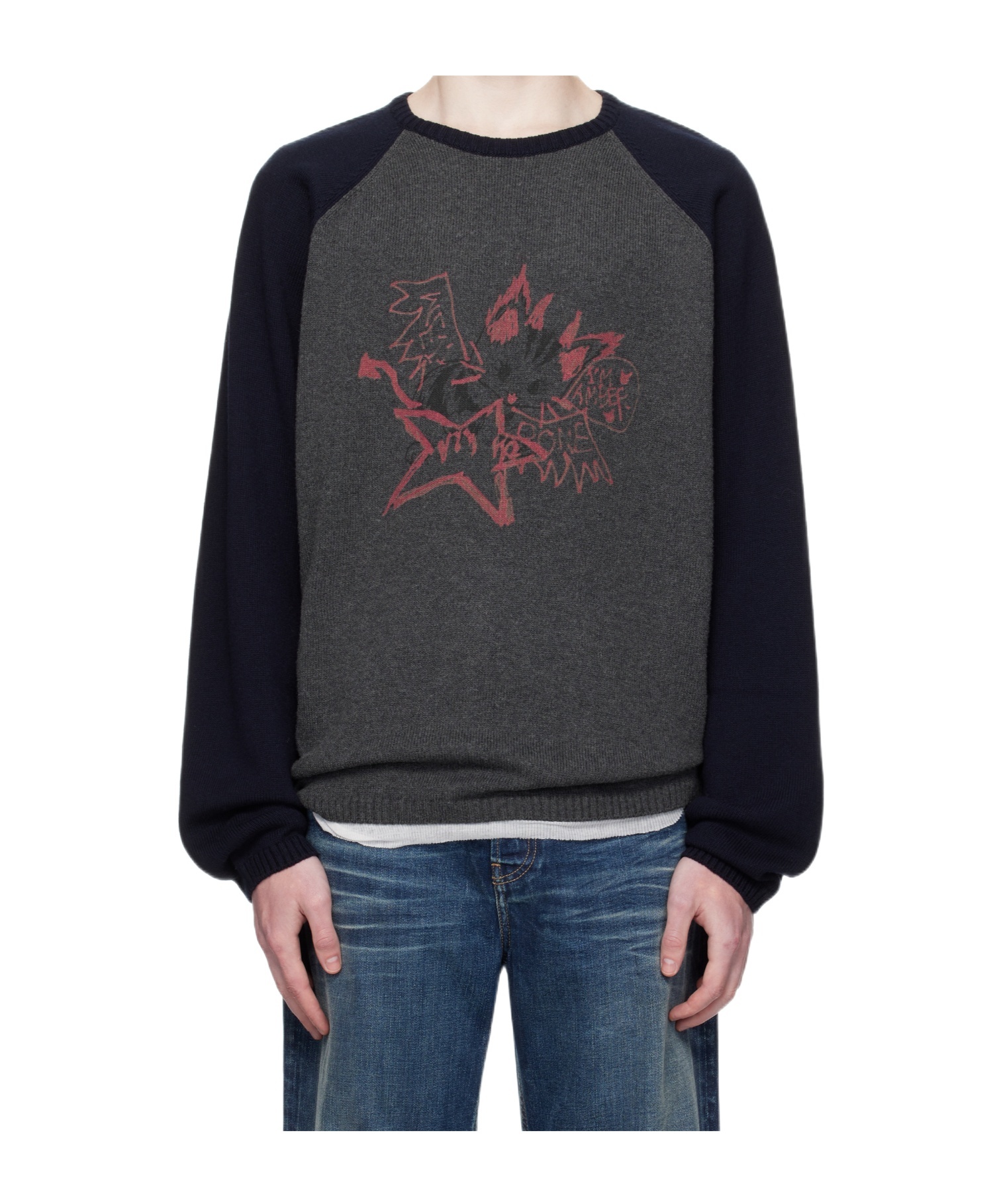 We11 Done Printed Raglan Knit Pullover Sweater In Gray