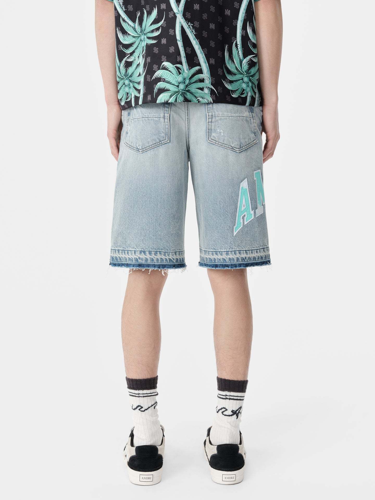 AMIRI VARSITY-LOGO DENIM SHORTS 