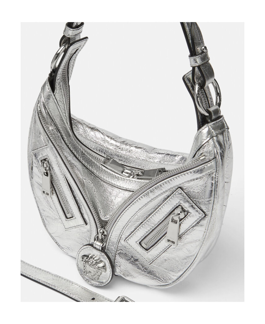 Versace Small Repeat Metallic Shoulder Bag In Gray