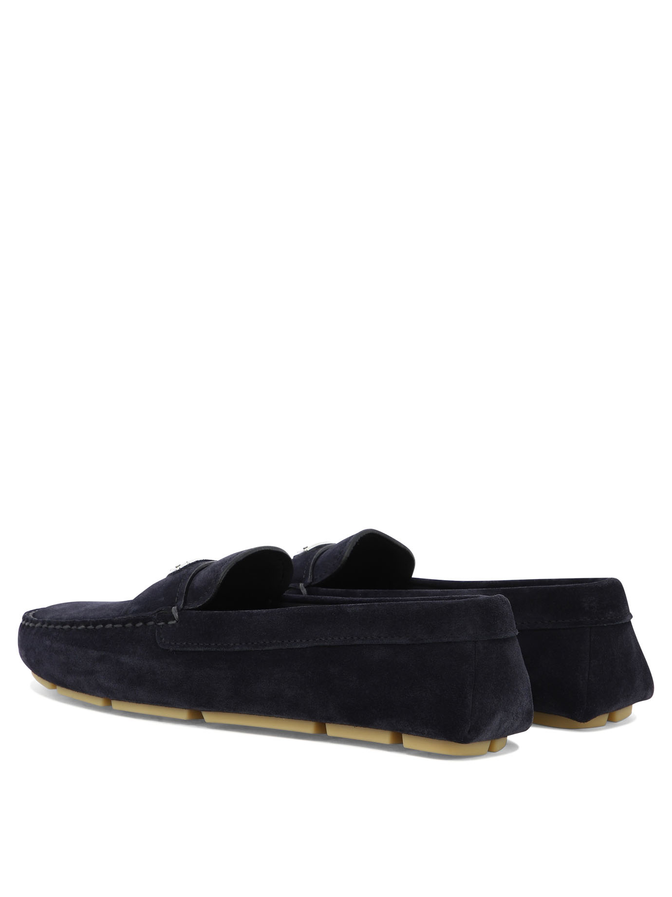 Prada Enamel-triangle-logo Suede Loafers In Blue