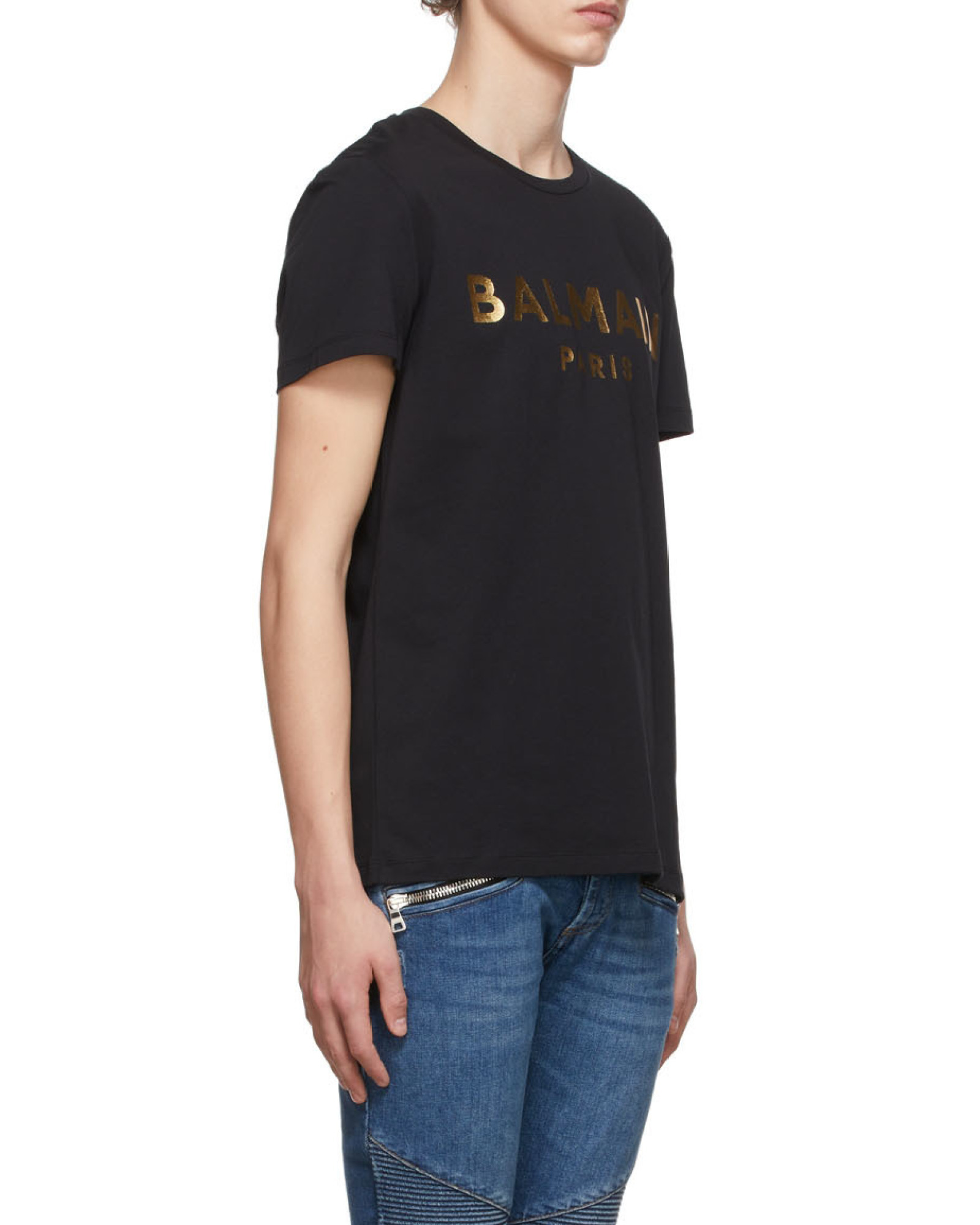 Shop Balmain Metallic Logo-print Cotton T-shirt In Black