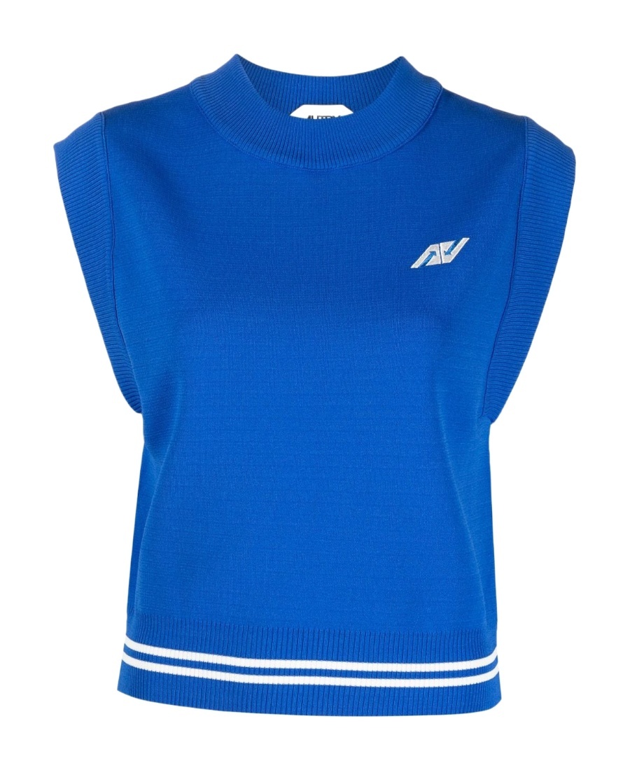 Shop Autry Logo-embroidered Cap-sleeved Knitted Top In Blue
