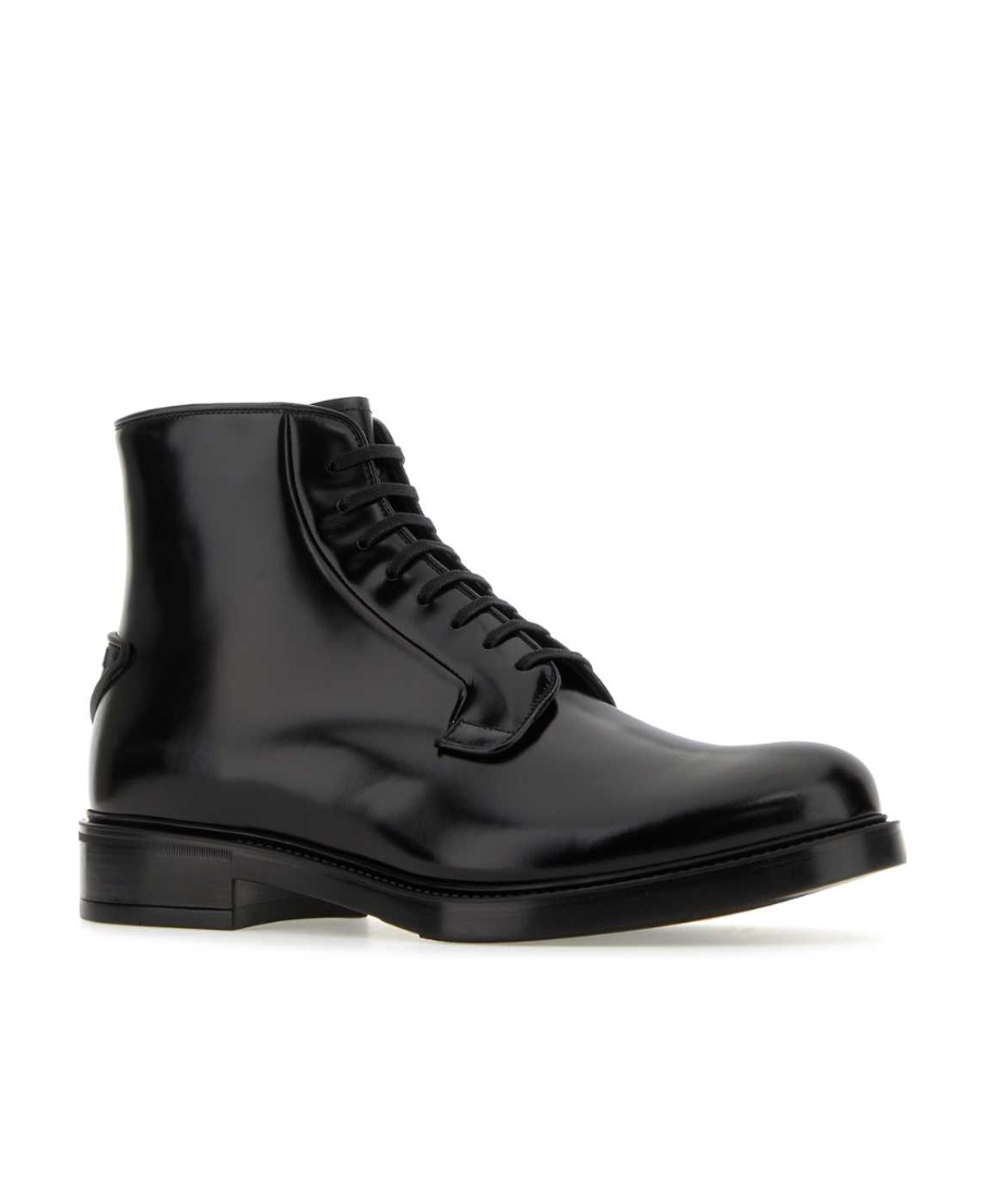 Prada Logo Patch Lace-up Ankle Boots In Black