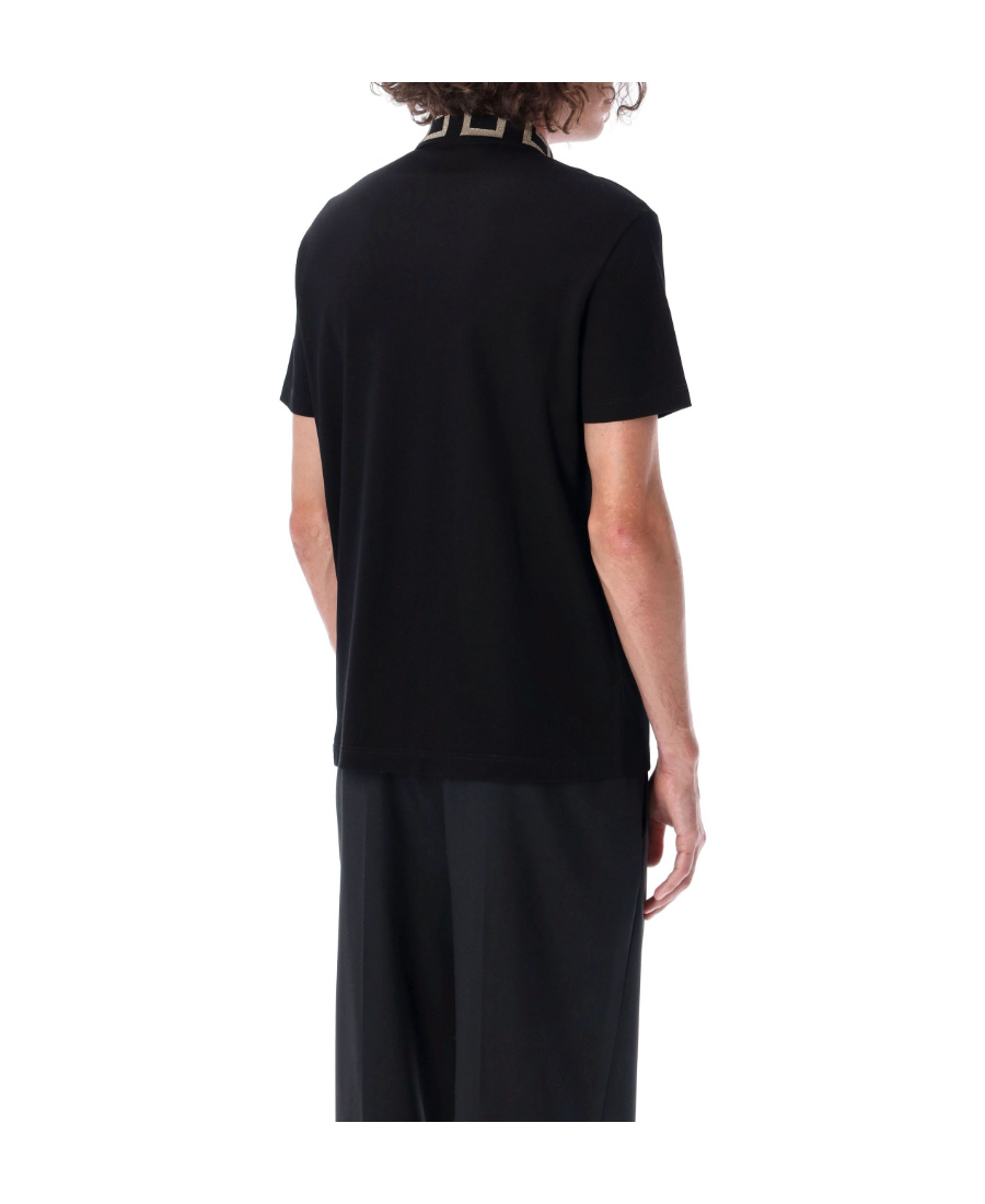 Shop Versace Greca Collar Polo Shirt In Black