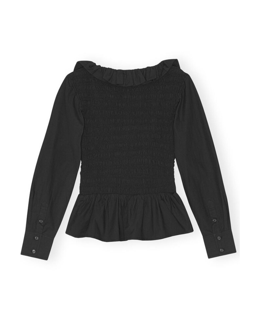 GANNI COTTON POPLIN OPEN-NECK SMOCK BLOUSE
