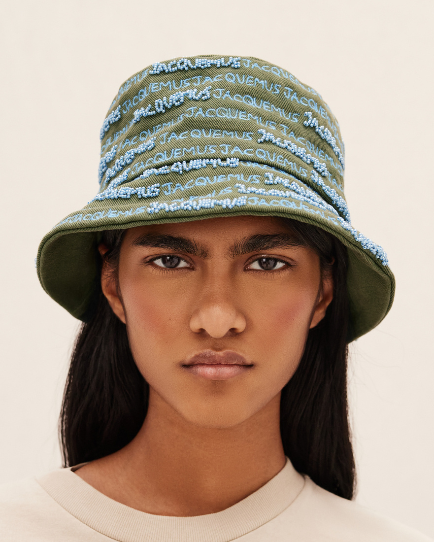 Jacquemus Khaki & Blue Le Raphia 'le Bob Bordado' Bucket Hat In Green