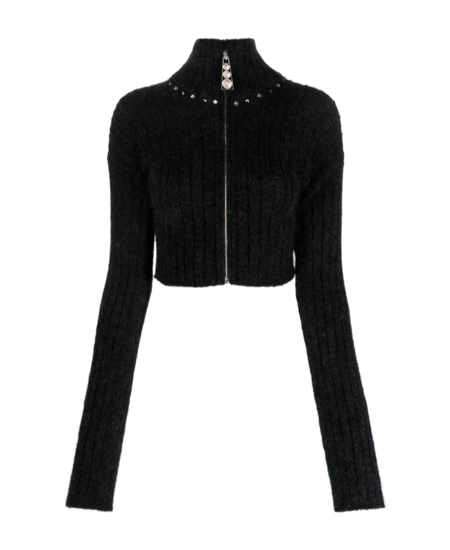 Alessandra Rich Embellished Ribbed-knit Cardigan In Black