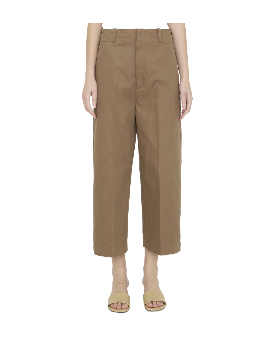 Shop Bottega Veneta Cotton Twill Cropped Trousers In Brown