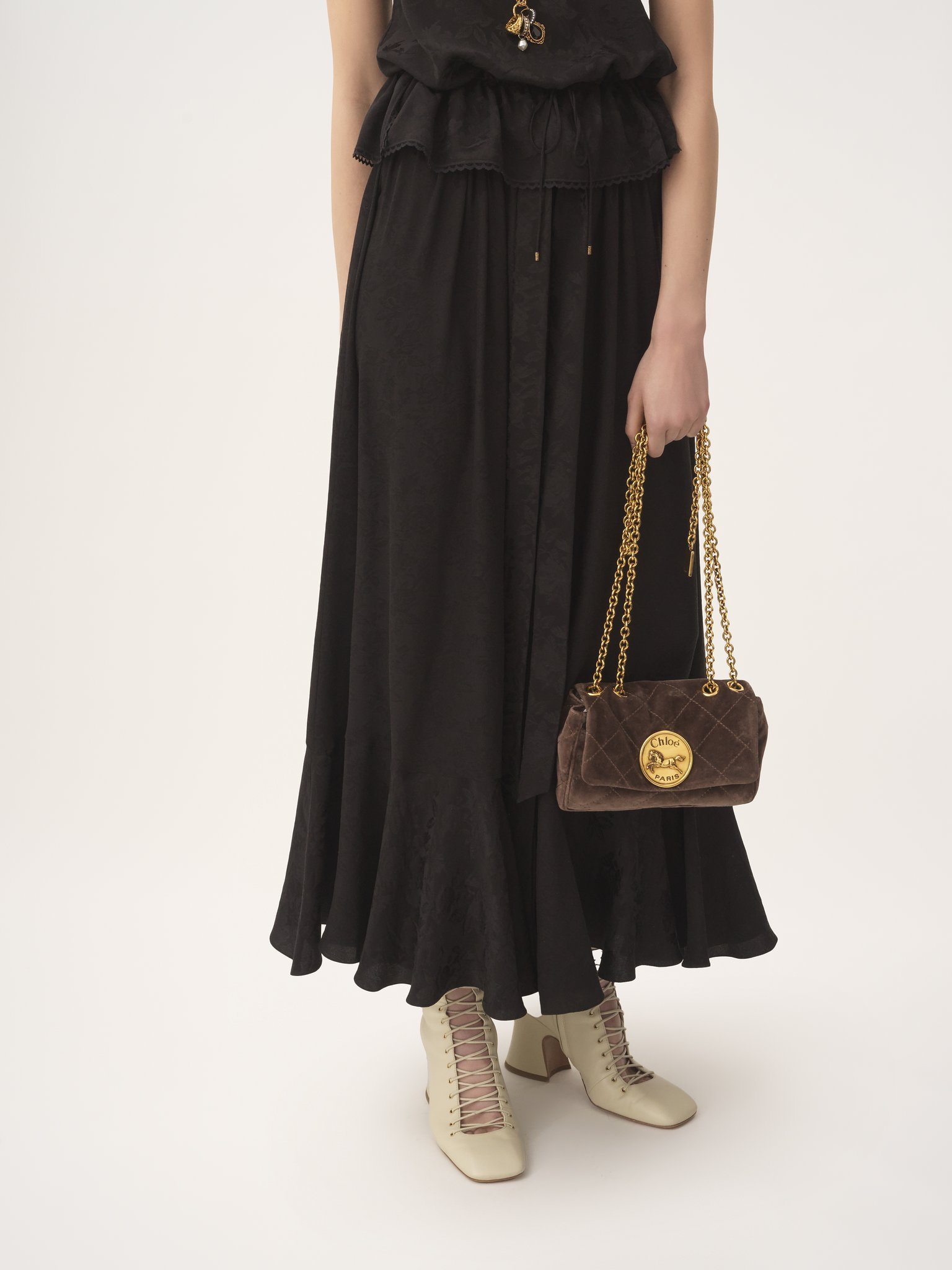 Chloé Gathered Midi Skirt In Silk Jacquard In Gray
