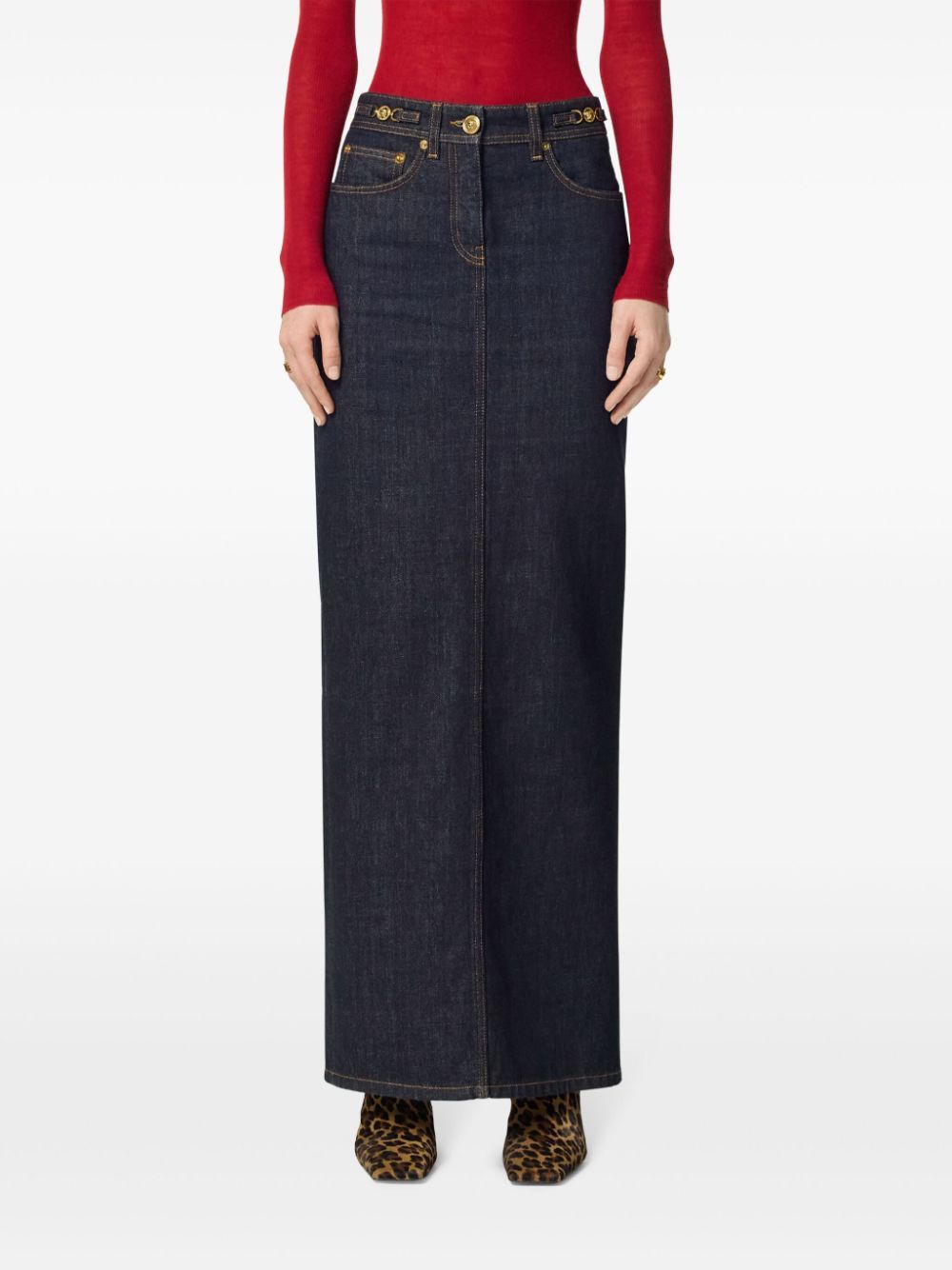 Versace Long High-waisted Denim Skirt With Rear Slit In Black
