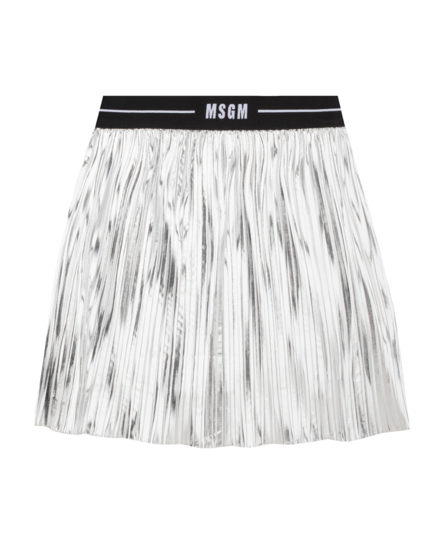 Shop Msgm Logo-waistband Metallic-finish Pleated Skirt In White