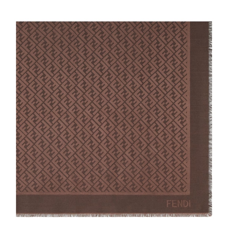 Fendi Square Scarf Fringed Edges In Brown