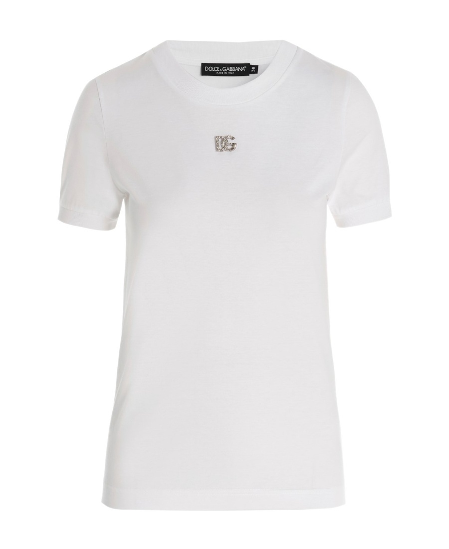 Dolce & Gabbana White T-shirt With Dg Logo On The Front Finished With Rhinestones In Cotton Woman In White