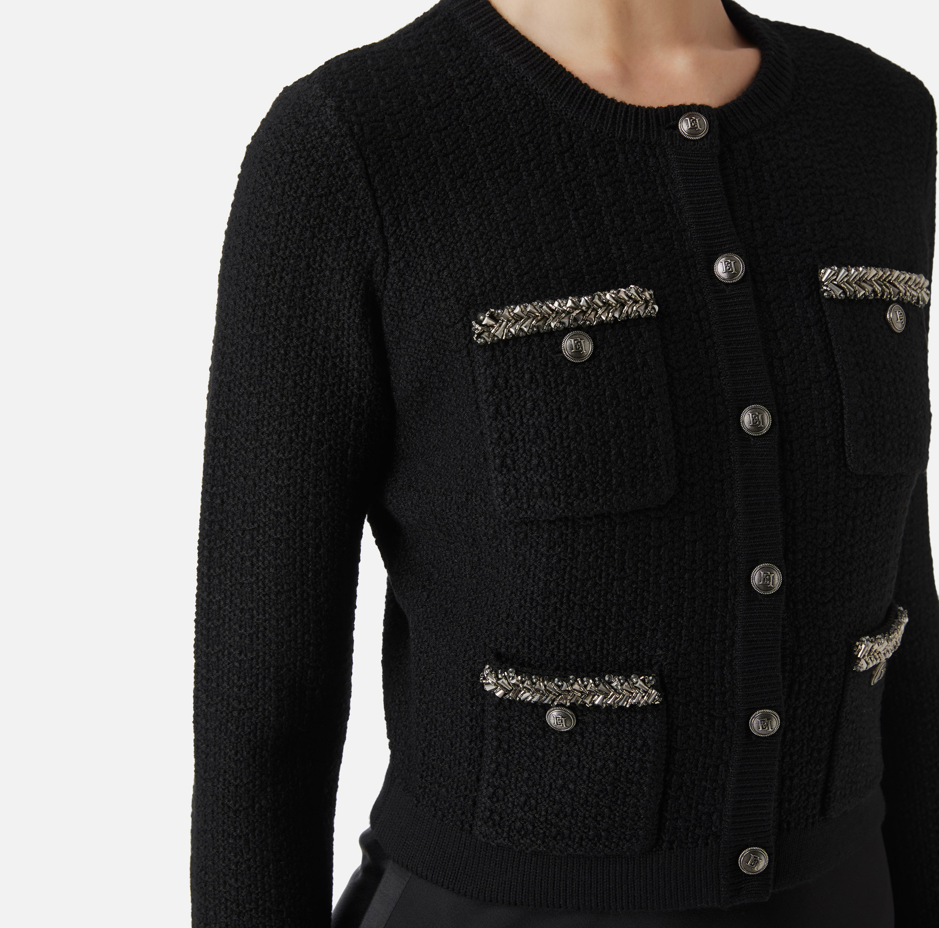 Elisabetta Franchi Long-sleeved Knitted Cardigan In Black