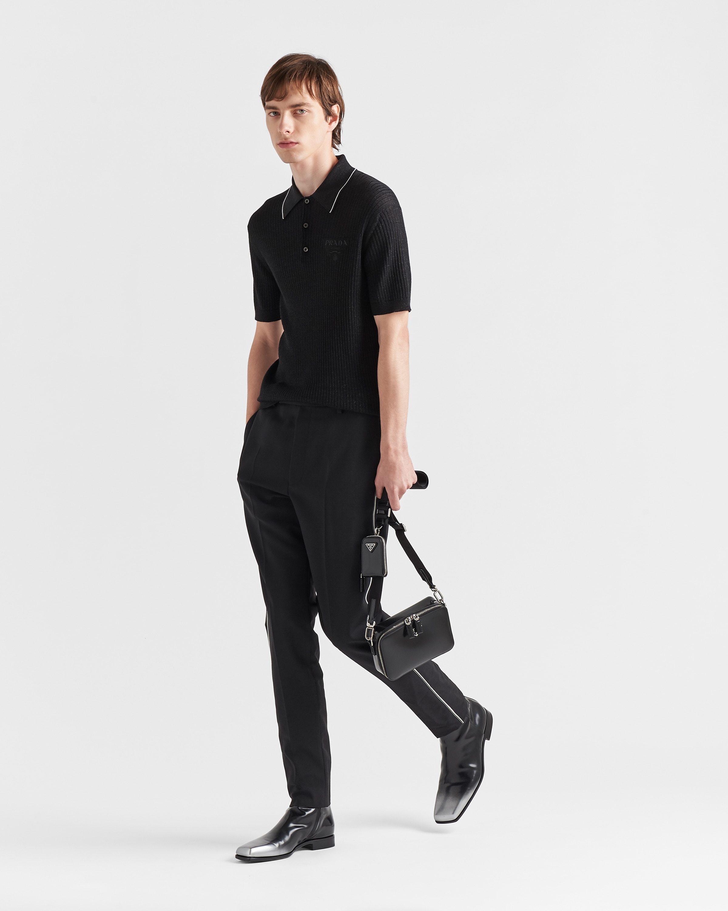Prada Logo Embroidered Short Sleeved Polo Shirt In Black