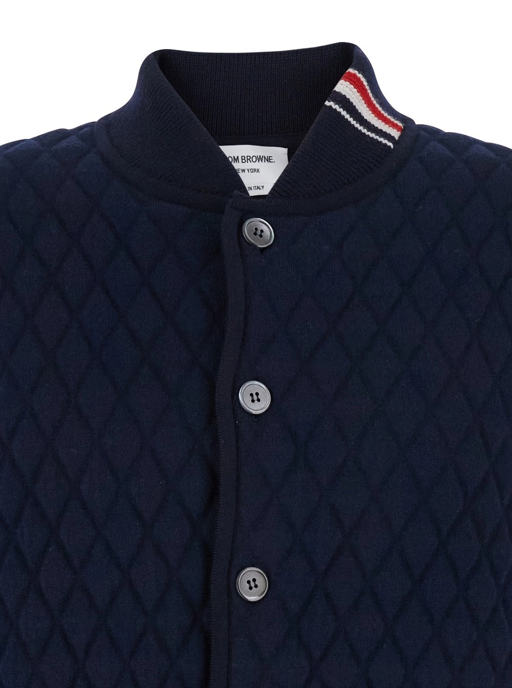 Thom Browne Blue Quilted Jacket With Bomber Collar And Logo Embroidery On The Collar In Blue