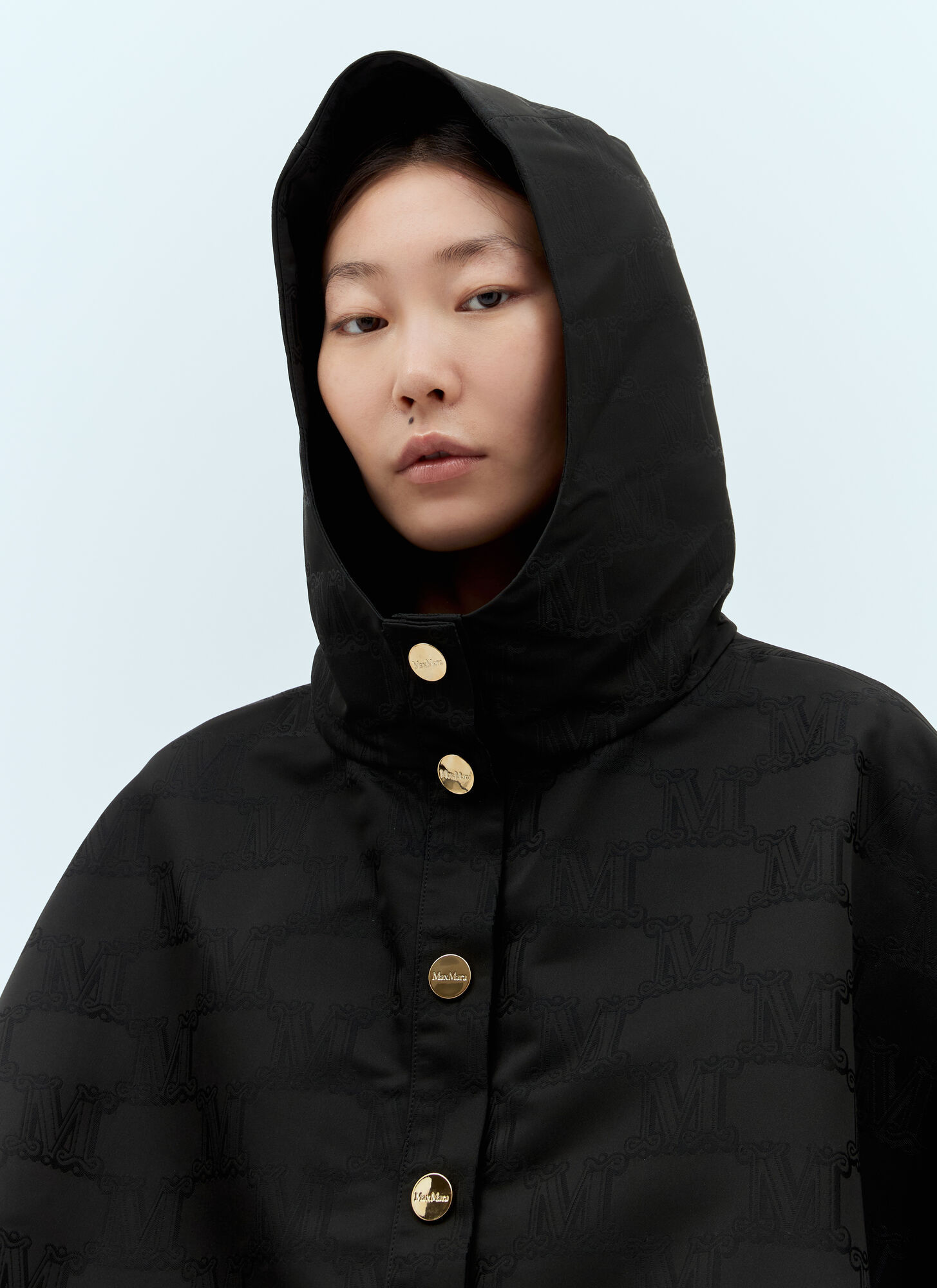 Max Mara Hooded Monogram Coat In Black