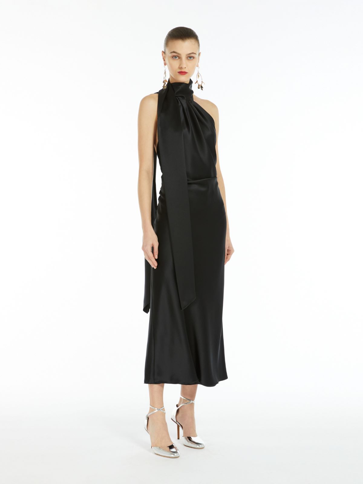 Shop Max Mara Moli Halterneck Sleeveless Satin Dress In Black