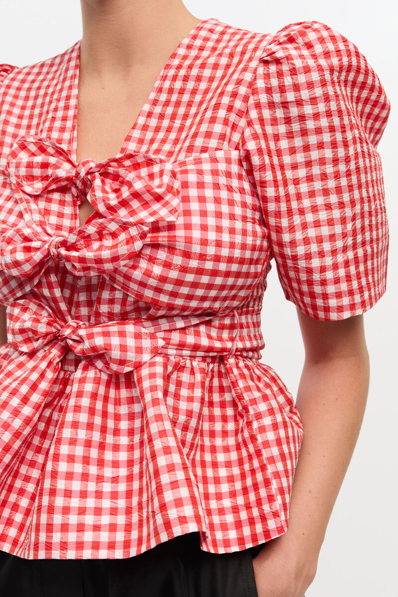 Ganni Red Crinkled Check Taffeta Blouse