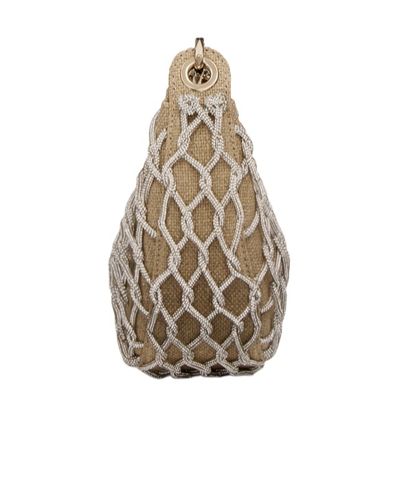 Valentino Vlogo Moon Mini Hobo Bag In Linen And Rhinestone Mesh With Chain In Brown
