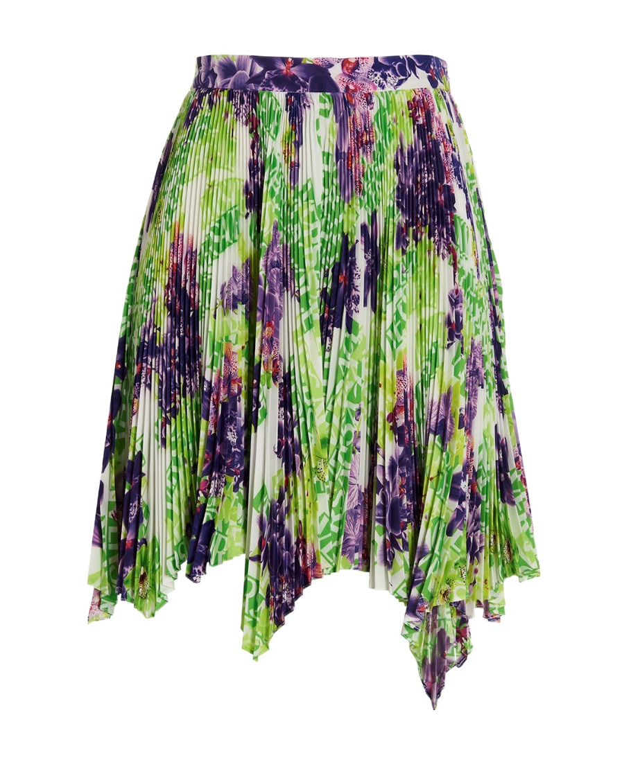 Versace Logo Orchid-print Pleated Asymmetric Skirt In Green