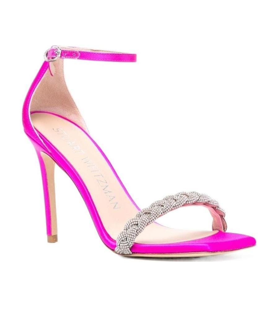 Stuart Weitzman Satin Strappy Sandals With Embellished Ankle Strap In Pink