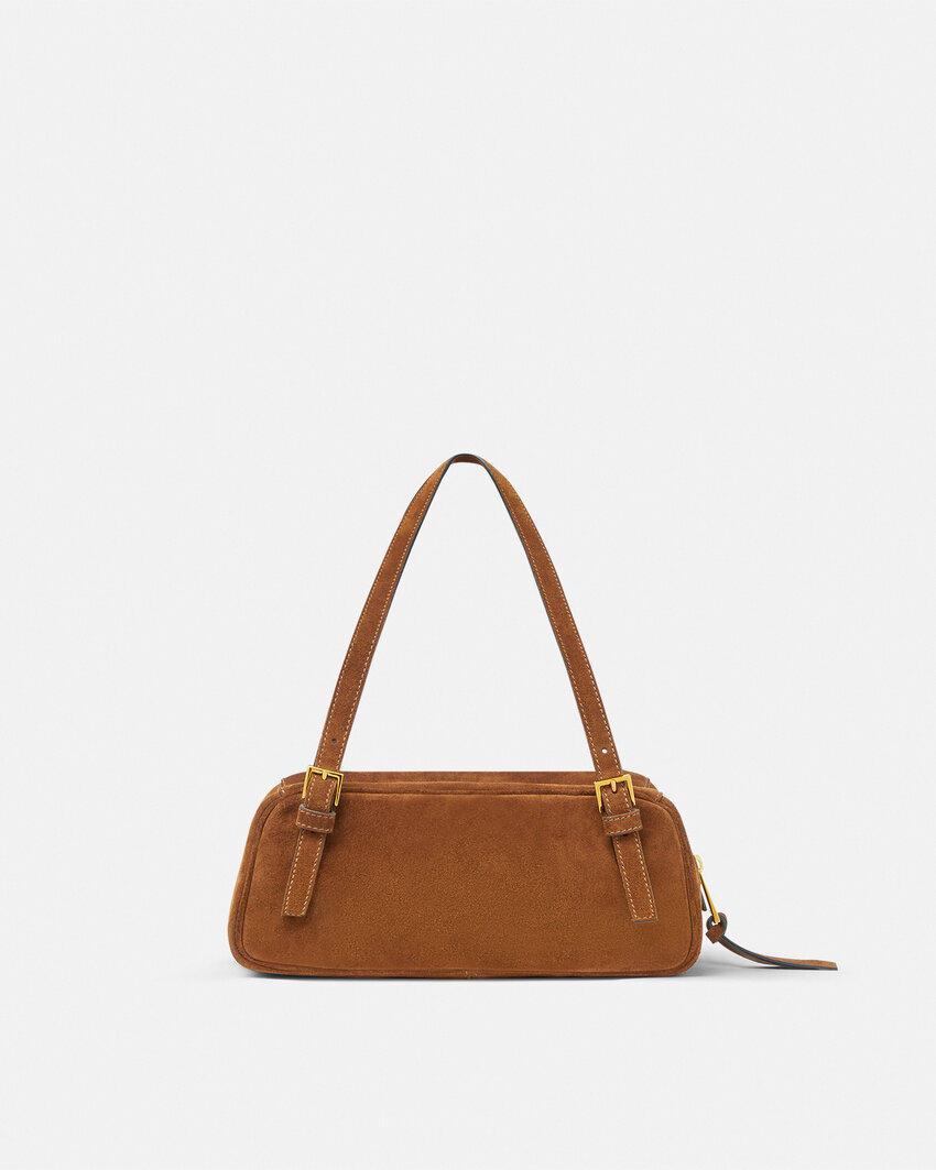 Versace Tag Suede Bowling Shoulder Bag In Brown