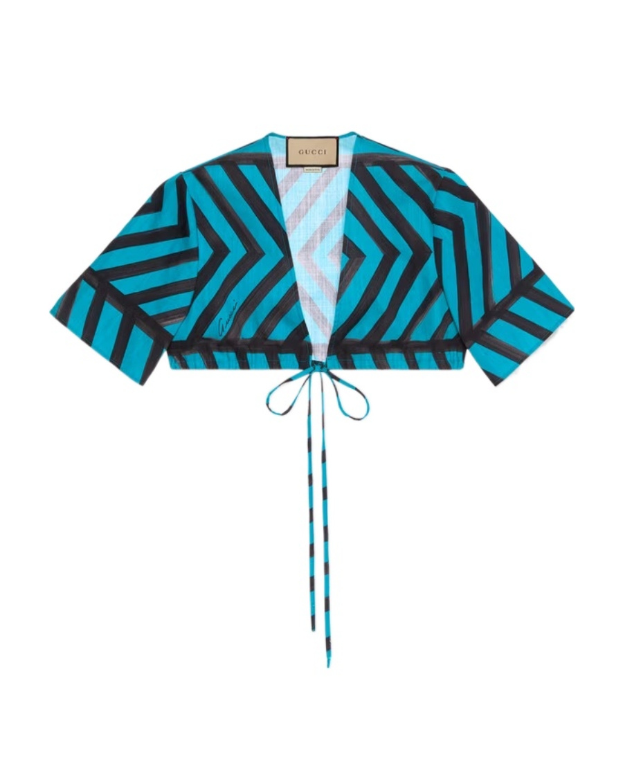 Gucci Women Printed Cotton Blend Crop Top In Blue