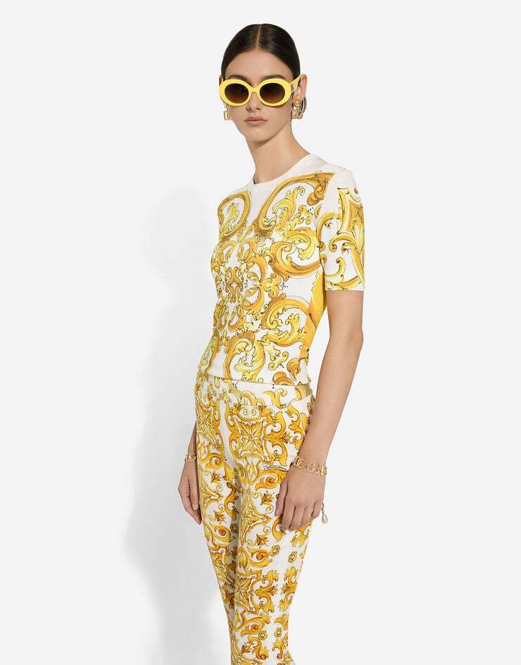 Dolce & Gabbana Short-sleeved Majolica-print Stretch Viscose Sweater In Yellow