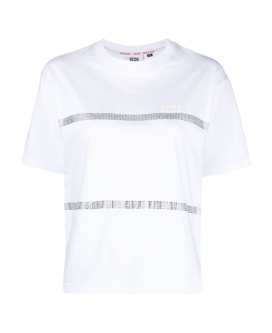 Gcds Striped T-shirt With Rhinestones In White
